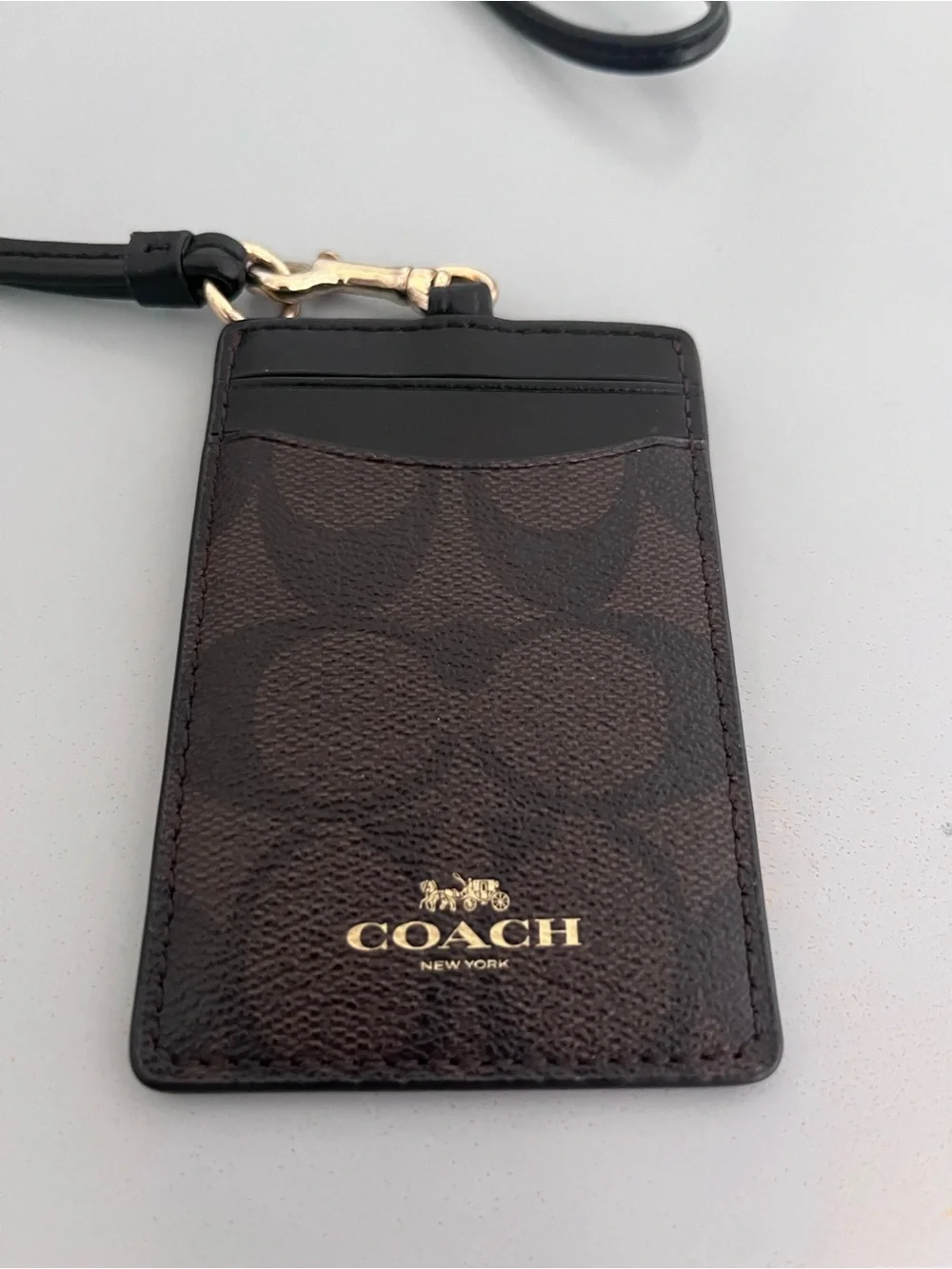 Coach Black and Brown Signature Cardholder Lanyard with Gold Hardware